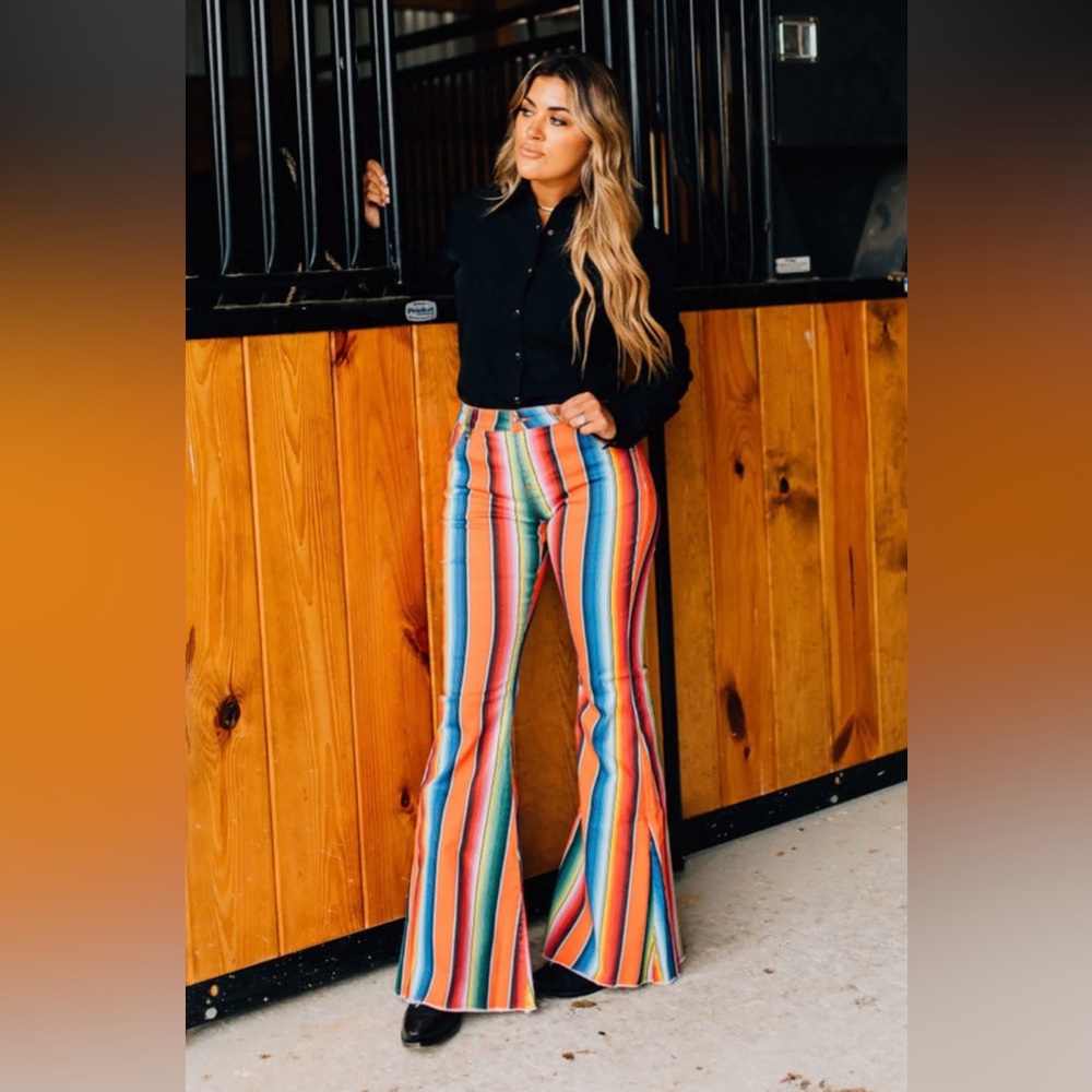 New Ranch Dressn Fallon Taylor Orange Serape Super Flares Flare Denim Jeans 00 - Picture 7 of 12